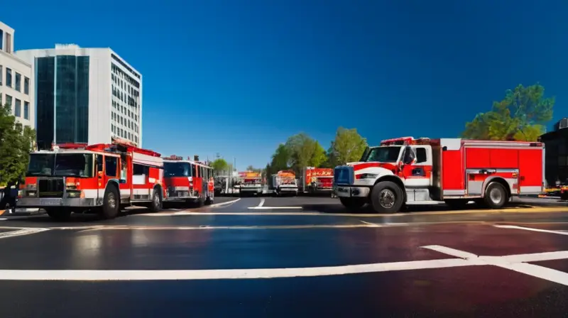 Una escena urbana bulliciosa con vehículos de emergencia, policías alertas y un ambiente vibrante bajo un cielo azul