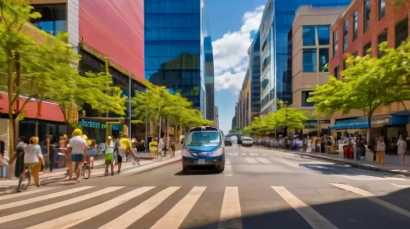 Una animada escena urbana con arquitectura moderna, peatones, vegetación y tráfico en un día soleado