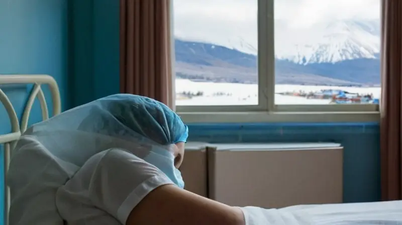 Núria descansa en una habitación de hospital, rodeada de luz natural, equipos médicos y un ambiente de preocupación y esperanza