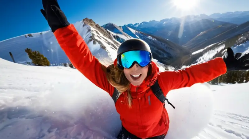 Una snowboarder en el aire sobre una montaña nevada, con un cielo azul y un ambiente vibrante