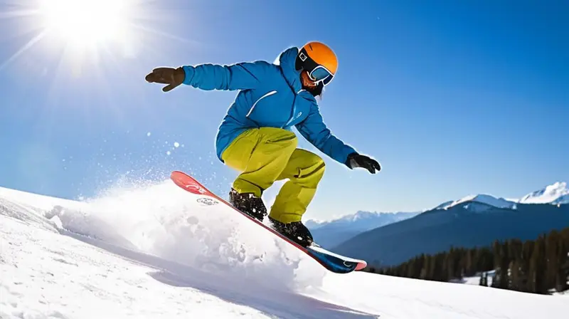 Un snowboarder dinámico salta en el aire sobre un paisaje de montañas nevadas y cielo azul