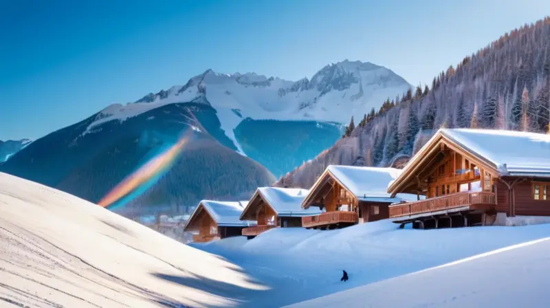 Un paisaje invernal con esquiadores en laderas nevadas, montañas al fondo y un ambiente acogedor