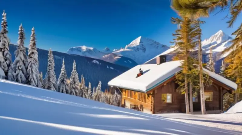 Un paisaje invernal con montañas nevadas, esquiadores en acción y cabañas acogedoras bajo un cielo azul