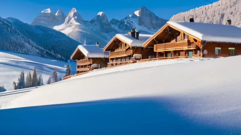 Un bullicioso resort de esquí en montañas nevadas, con esquiadores disfrutando del paisaje y el ambiente invernal