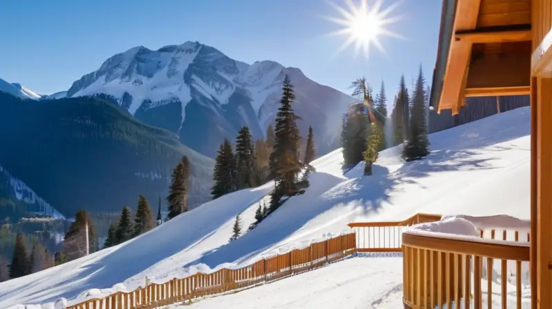 Un paisaje invernal idílico con montañas nevadas, esquiadores coloridos y cabañas acogedoras bajo un cielo azul