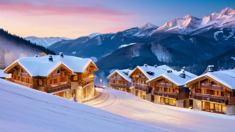 Un vibrante paisaje invernal con montañas nevadas, esquiadores en acción, coloridos telesillas y acogedoras cabañas