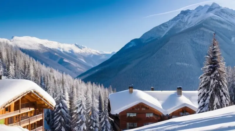 Un paisaje invernal de montañas cubiertas de nieve, esquiadores en acción y cabañas acogedoras bajo un cielo azul