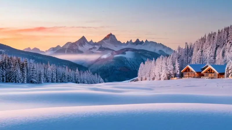 Un paisaje invernal sereno con montañas nevadas, cielos azules, esquiadores dinámicos y chalets acogedores