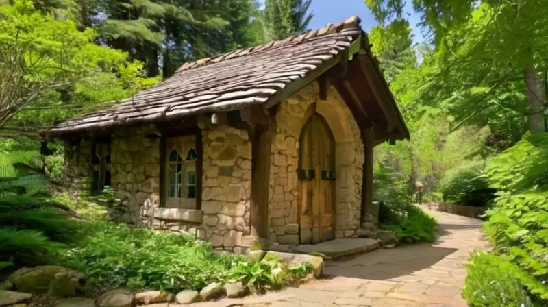 Estructura de piedra antigua rodeada de naturaleza, con detalles intrincados y un ambiente sereno