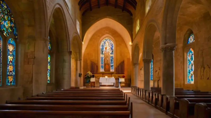 La catedral irradia una atmósfera serena con luz de colores vibrantes, detalles arquitectónicos y un ambiente de historia y espiritualidad