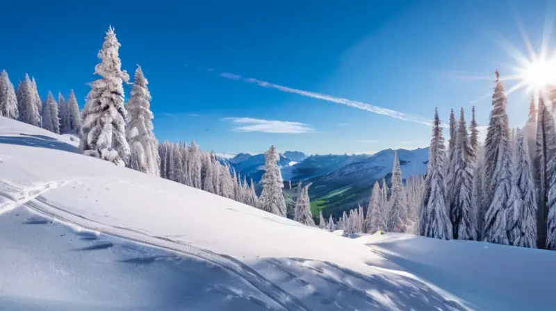 Un paisaje invernal con esquiadores en laderas nevadas, árboles altos, chalets acogedores y un cielo azul claro