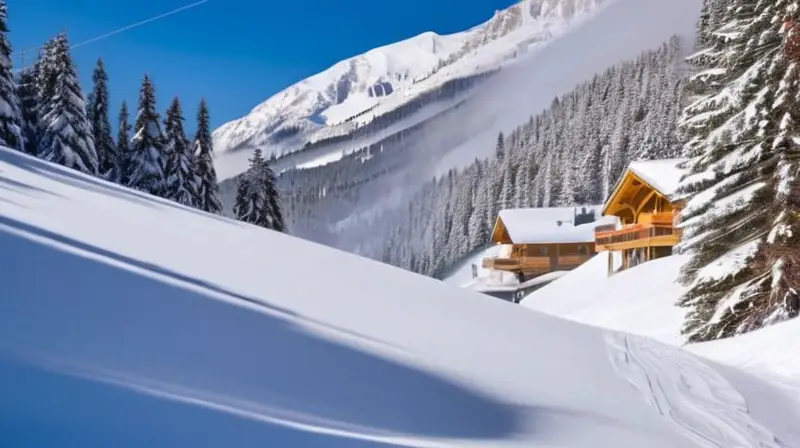 Un paisaje invernal con montañas nevadas, esquiadores coloridos y cabañas rústicas bajo un cielo azul