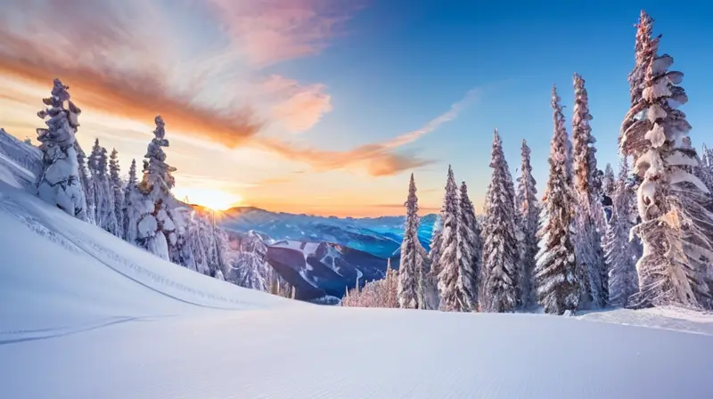 Un paisaje invernal de montañas cubiertas de nieve, esquiadores coloridos y un cielo azul brillante