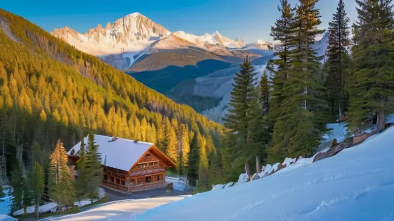 Un paisaje invernal idílico con montañas nevadas, pinos verdes, cabañas acogedoras y esquiadores disfrutando del entorno