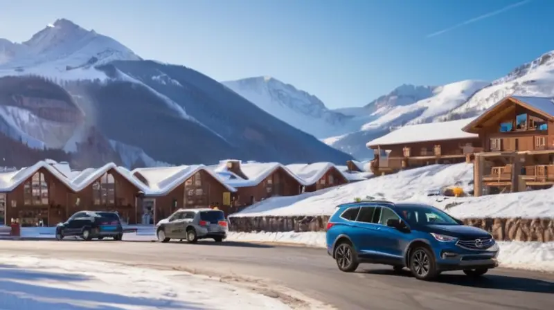 Un paisaje invernal con montañas nevadas, esquiadores coloridos y un bullicioso estacionamiento