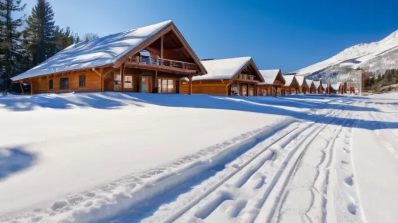 Un paisaje montañoso nevado con un cielo azul, coches aparcados, equipo de esquí visible y una acogedora cabaña de fondo