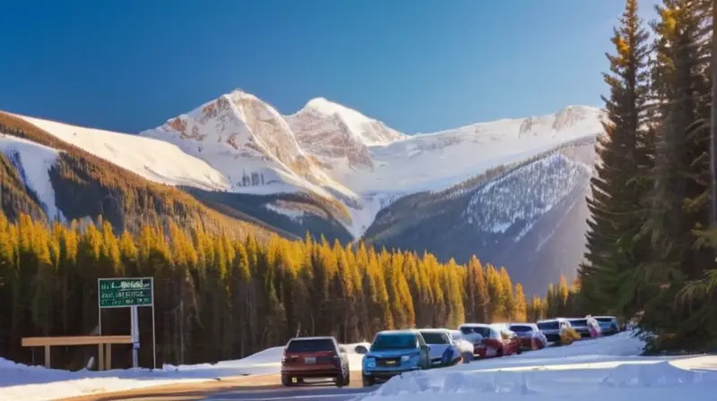 Un aparcamiento nevado con coches alineados