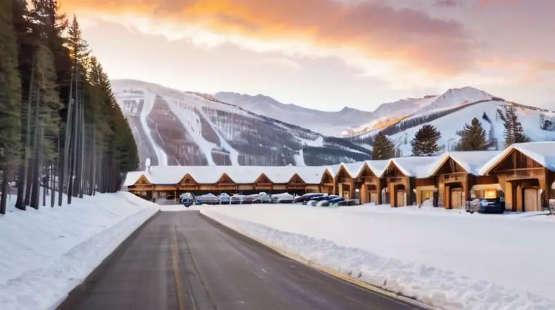 Un aparcamiento nevado con coches alineados brilla bajo el sol invernal, rodeado de montañas y un ambiente acogedor de estación de esquí