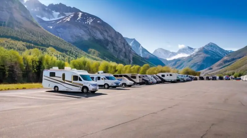 Un amplio estacionamiento en las montañas alberga diversas casas rodantes brillando bajo el sol