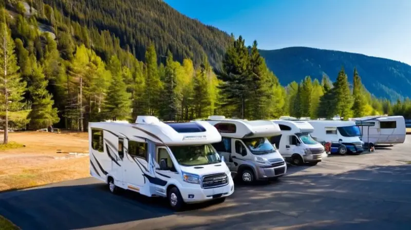 Vista panorámica de un amplio estacionamiento con casas rodantes bajo un cielo azul, rodeado de montañas y pinos, que invita a la aventura y la relajación