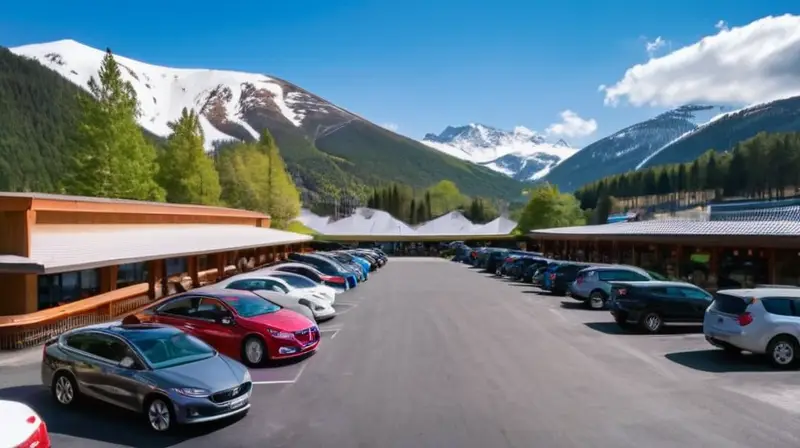 Una vista panorámica de un animado aparcamiento con vehículos organizados, familias descargando equipo de esquí y montañas nevadas al fondo