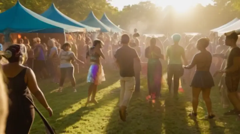 Un vibrante festival con una multitud diversa, luces pulsantes, música, baile y un ambiente de celebración