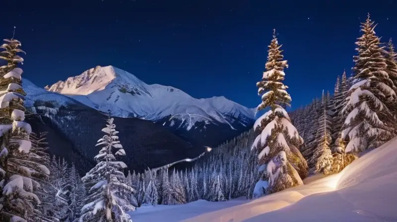 Un paisaje nocturno de los Alpes muestra montañas nevadas, esquiadores en acción y un ambiente acogedor