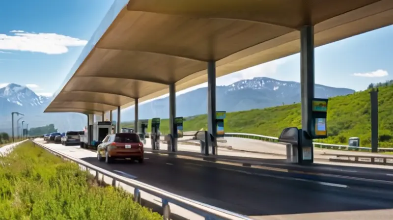 Una escena vibrante de una autopista con vehículos variados, un peaje moderno y un paisaje natural que contrasta con el cielo azul