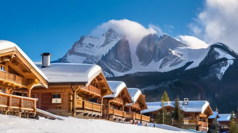 Un paisaje invernal con montañas nevadas, pinos verdes, esquiadores y una estación de esquí animada bajo un cielo azul