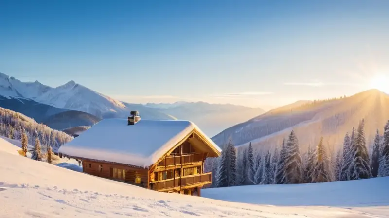 Un paisaje invernal con montañas nevadas, cielo azul, pinos verdes, esquiadores coloridos y acogedores chalets