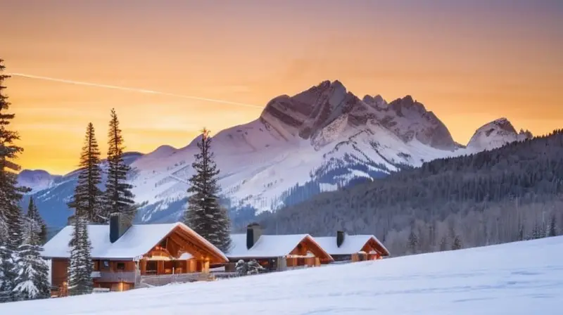 Un paisaje invernal vibrante con montañas nevadas, esquiadores en acción y un acogedor refugio en el valle