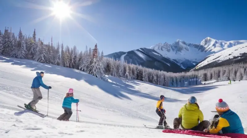 Un día de esquí en familia con risas, nieve brillante y paisajes montañosos