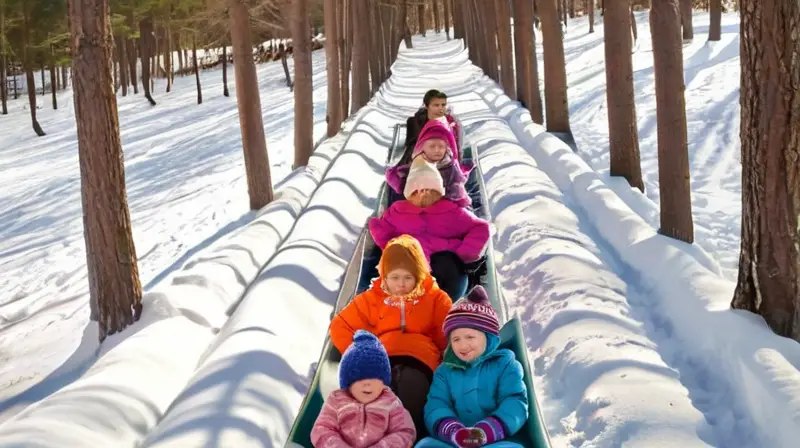 Un grupo de niños juega felices en un paisaje invernal, rodeados de nieve, construyendo muñecos y disfrutando de chocolate caliente