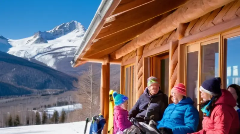 Un vibrante paisaje invernal con esquiadores, montañas, y un ambiente acogedor de après-ski