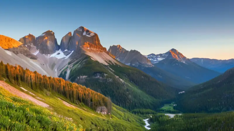 Un impresionante paisaje montañoso con picos nevados, valles verdes, lagos serenos y una rica paleta de colores