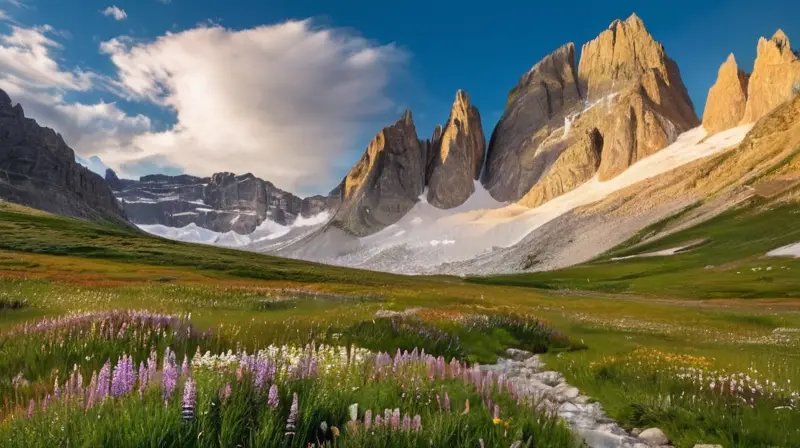 Un paisaje montañoso impresionante con picos nevados, praderas verdes, lagos cristalinos y una variedad de elementos naturales que invitan a la exploración