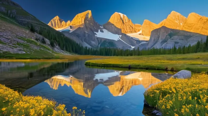 Un paisaje montañoso impresionante con picos nevados, valles verdes y un cielo azul que evoca asombro y tranquilidad