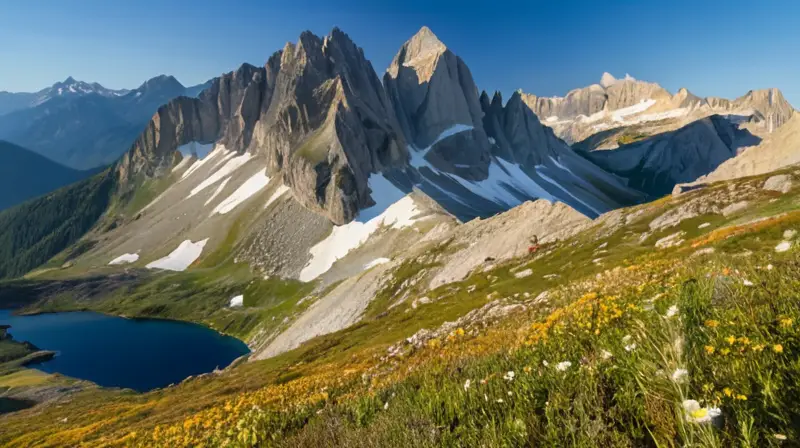 Un paisaje montañoso impresionante con picos nevados, valles verdes, lagos glaciares y un ambiente de aventura