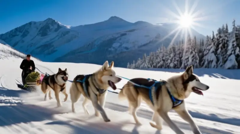 Un paisaje nevado con montañas, un equipo de perros de trineo en movimiento y un musher concentrado, todo en una escena vibrante de una carrera histórica