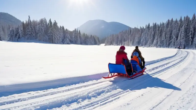 Un paisaje invernal con montañas nevadas, cielos azules, trineos coloridos y huskies listos para una emocionante carrera