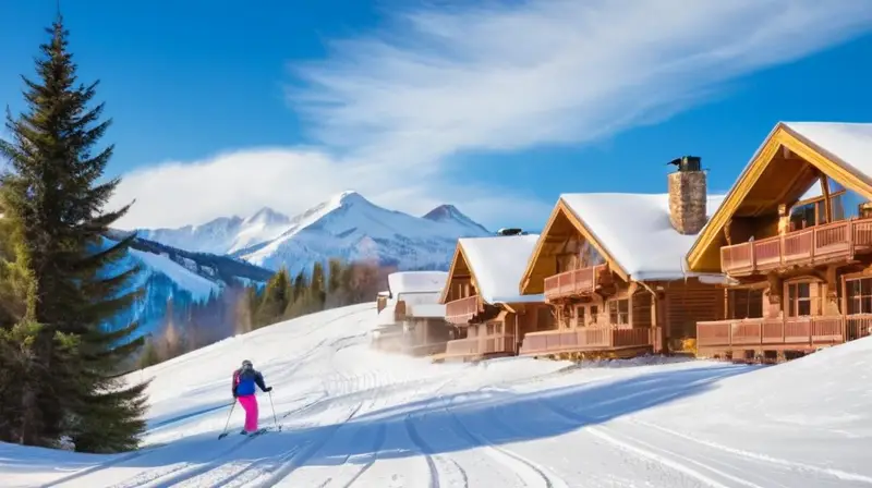 Un paisaje invernal vibrante con esquiadores, cabañas acogedoras y montañas majestuosas