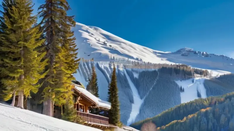 Un bullicioso resort de esquí con montañas nevadas, pinos verdes, esquiadores alegres y chalets de madera