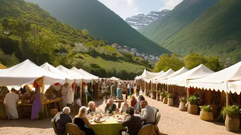 Un festival vibrante con coloridos estandartes, montañas soleadas, comida deliciosa, música animada y un ambiente alegre en la naturaleza