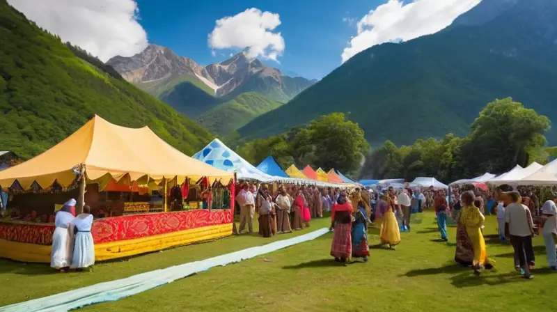 Un festival vibrante con música, coloridos trajes, artesanías, comida deliciosa y una comunidad alegre en un hermoso entorno natural