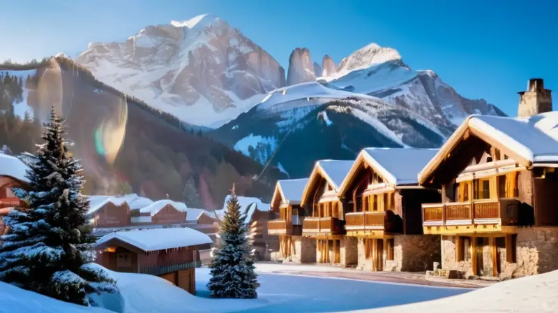 Un paisaje montañoso vibrante con picos nevados, un chalet acogedor, gente festiva y un ambiente de celebración