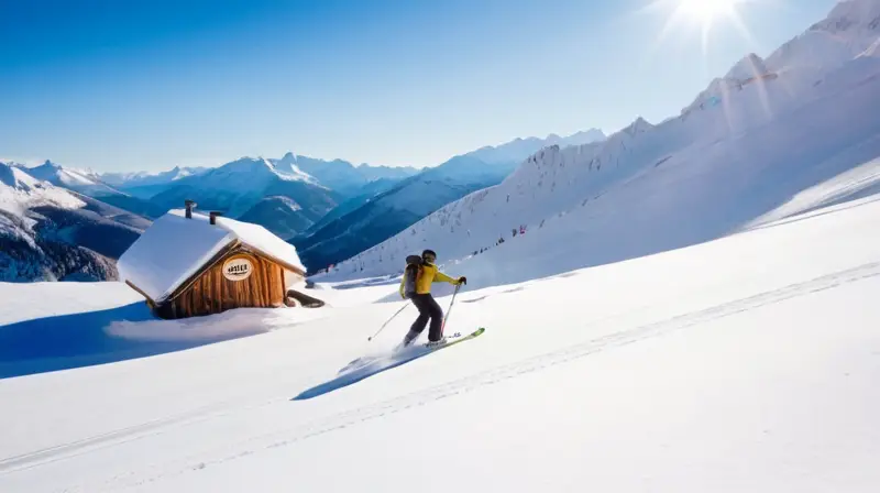 Un paisaje invernal vibrante con esquiadores, montañas, y un ambiente alegre bajo el sol