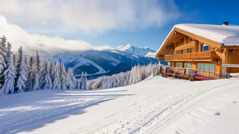 Un paisaje invernal con esquiadores, montañas nevadas, cabañas acogedoras y familias disfrutando de la nieve