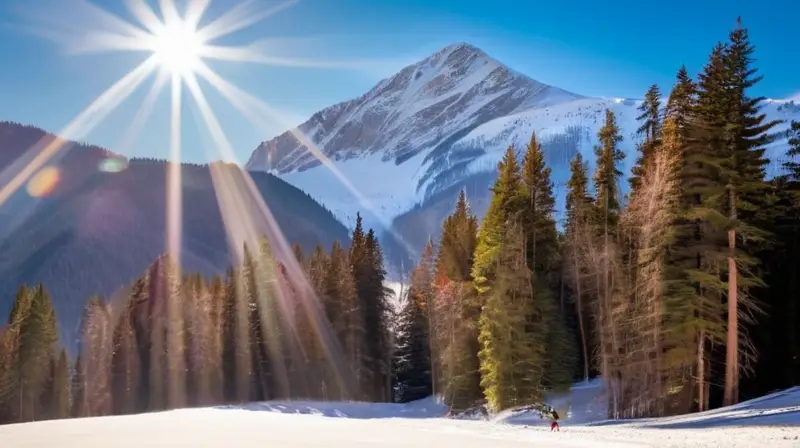 Un paisaje invernal con familias esquiando, árboles cubiertos de nieve y un chalet acogedor bajo un cielo azul