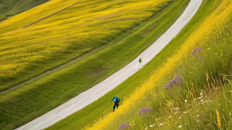 Un paisaje de suaves colinas verdes con esquiadores enérgicos y montañas nevadas de fondo bajo un cielo azul