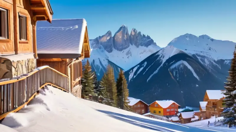 Un paisaje invernal vibrante con esquiadores en acción, montañas nevadas y cabañas acogedoras